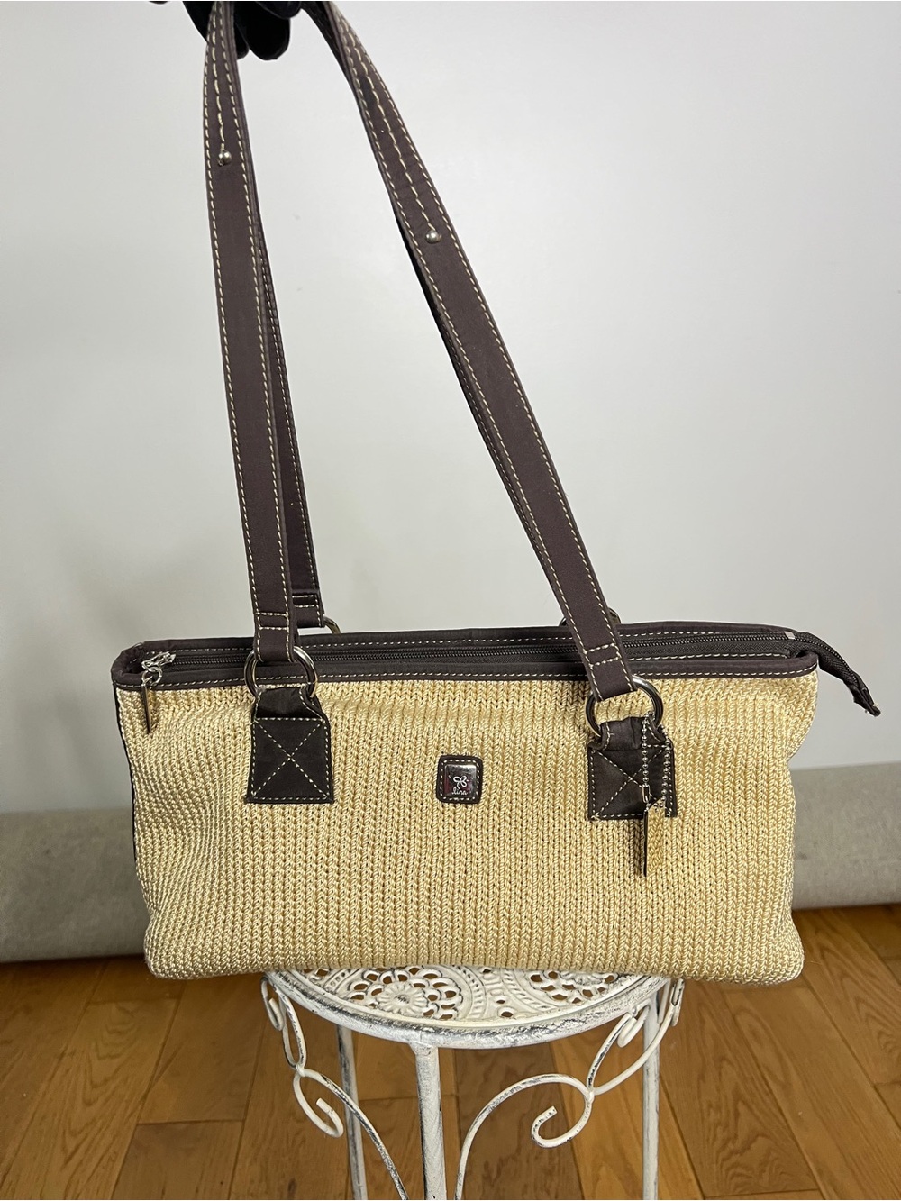 Lina Beige Interior Handbag with Pink Logo Stitching
